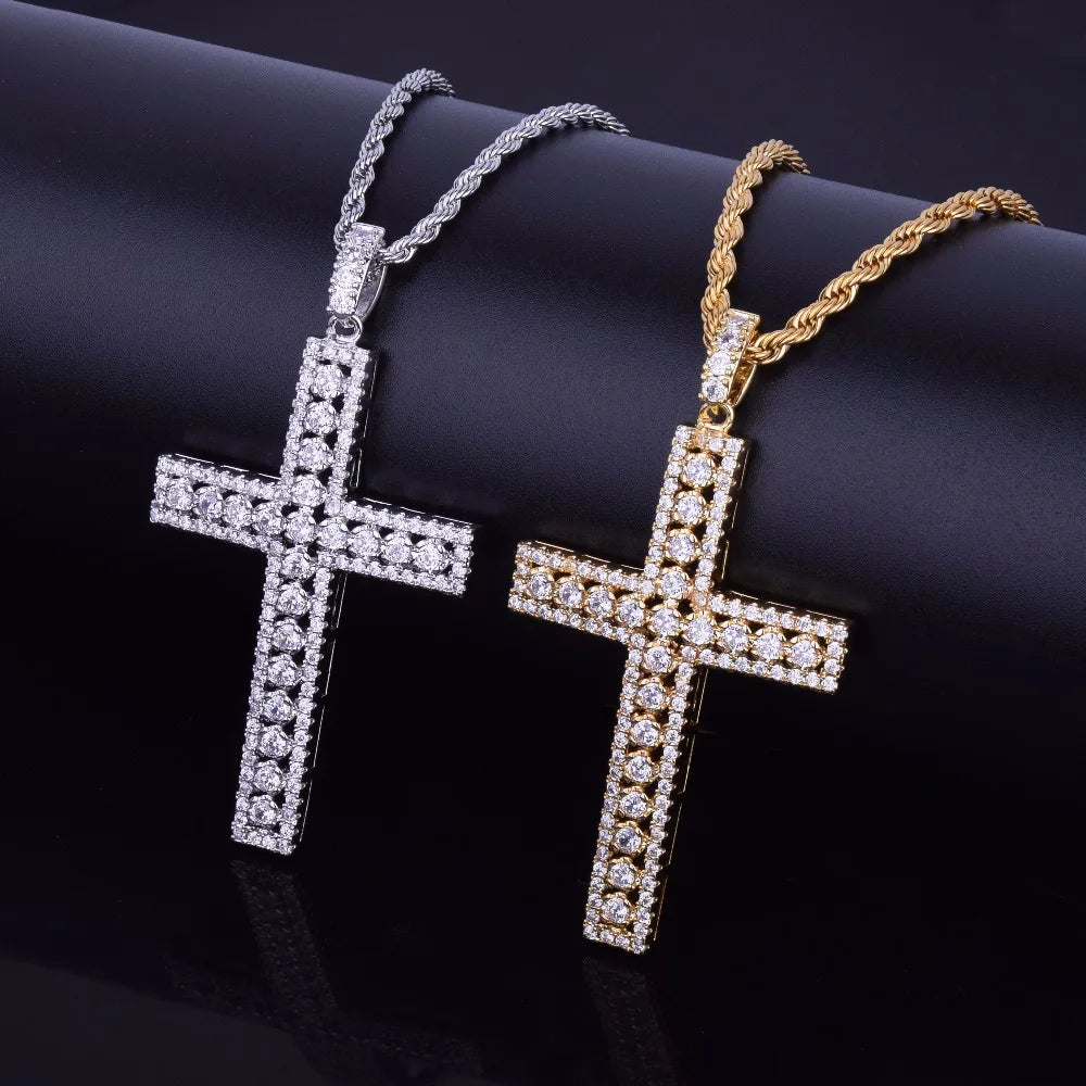 Bubble Letter Cross Necklace Pendant Gold Color Copper Material Bling Zircon Men Women Hip Hop Jewelry