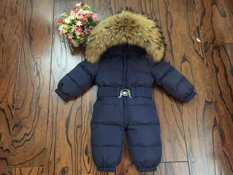 Russian Winter Boys Girls 1-5Y Winter Overalls Baby Rompers Duck Down Jumpsuit Real Fur Collar Children Outerwear Kids Snowsuit