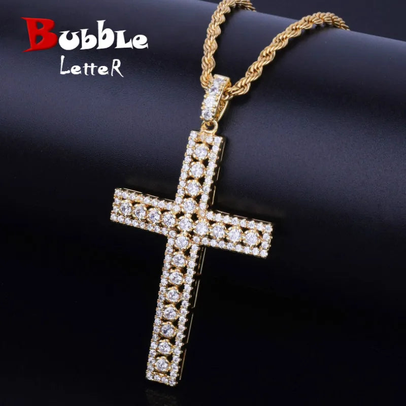 Bubble Letter Cross Necklace Pendant Gold Color Copper Material Bling Zircon Men Women Hip Hop Jewelry