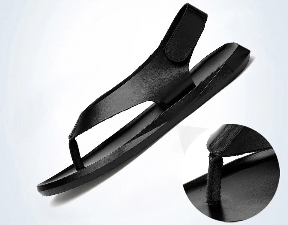 EOFK Summer Men Genuine Leather Sandals New Design Fashion Casual Black Slip on Sandals Leather Flip Flops Man Men's Flat Rubber