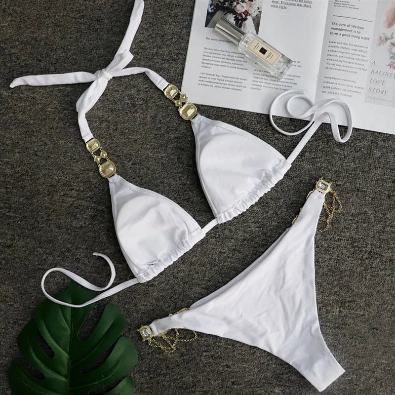 Halter Metal Chains Rhinestone Diamond Bikini Women Swimsuit Female Swimwear Two Pieces Bikini set Brazilian Bathing Suit Swim