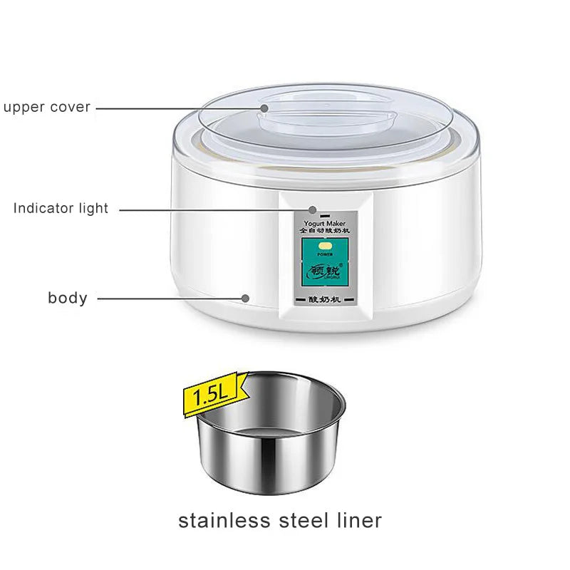 Kbxstart Automatic Yogurt Maker Machine 1.5L Natto Rice Wine Maker DIY Tool Stainless Steel Inner Yoghurt Beker 220V