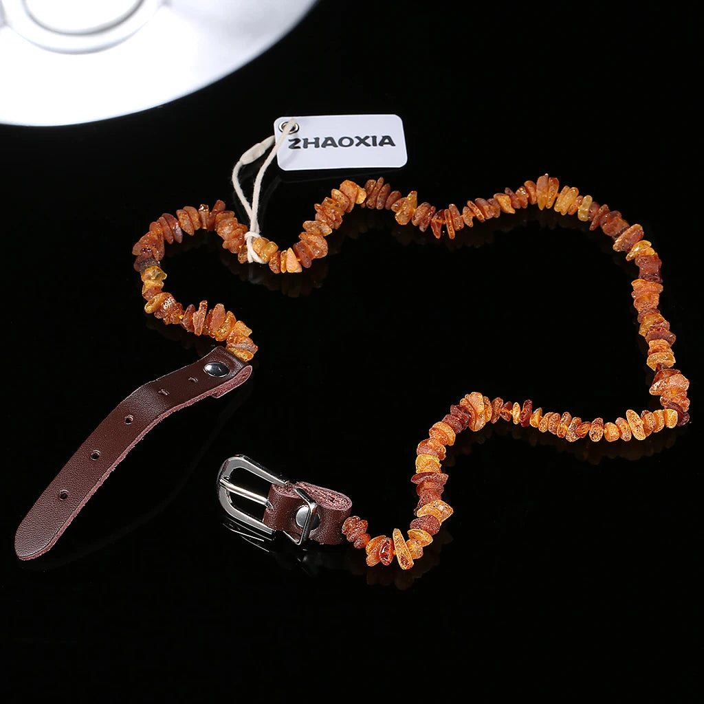 Raw Baltic Amber with Adjustable Leather Strap for Dogs and Cats