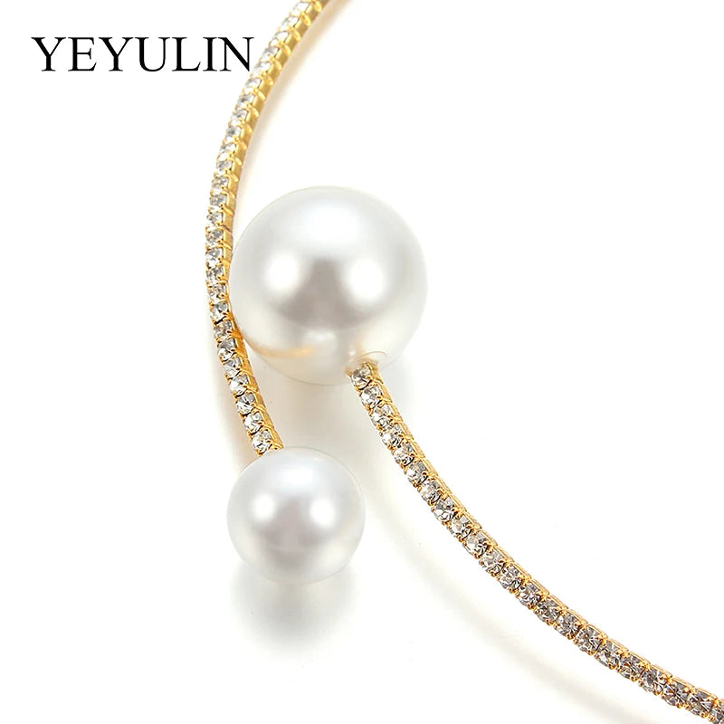 2PCS/Set European Simulated Pearl Chokers  Necklace Bangle Adjustable Jewelry Set For Women Bridal Wedding Party Accessories