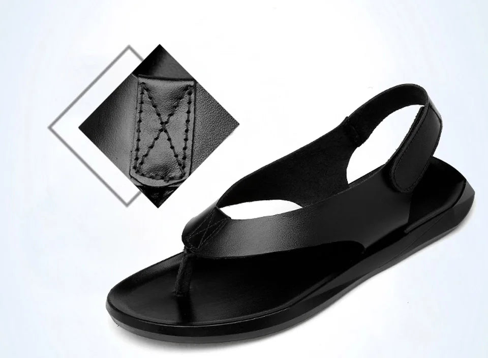 EOFK Summer Men Genuine Leather Sandals New Design Fashion Casual Black Slip on Sandals Leather Flip Flops Man Men's Flat Rubber