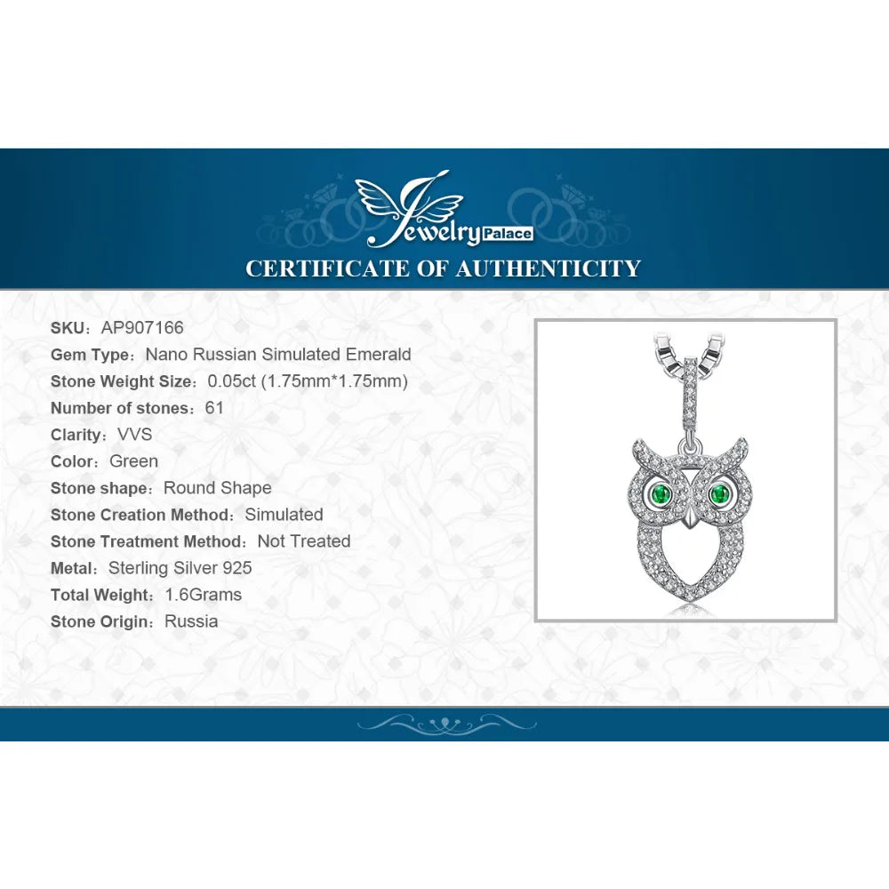 JewelryPalace Owl Simulated Nano Emerald 925 Sterling Silver Pendant Necklace for Woman Gemstone Fine Jewelry Without Chain