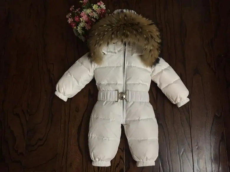 Russian Winter Boys Girls 1-5Y Winter Overalls Baby Rompers Duck Down Jumpsuit Real Fur Collar Children Outerwear Kids Snowsuit