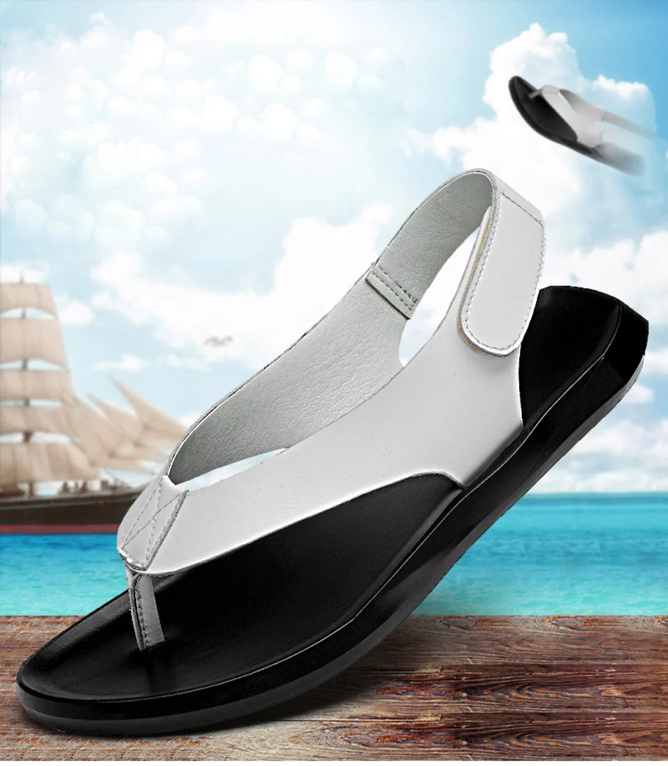 EOFK Summer Men Genuine Leather Sandals New Design Fashion Casual Black Slip on Sandals Leather Flip Flops Man Men's Flat Rubber