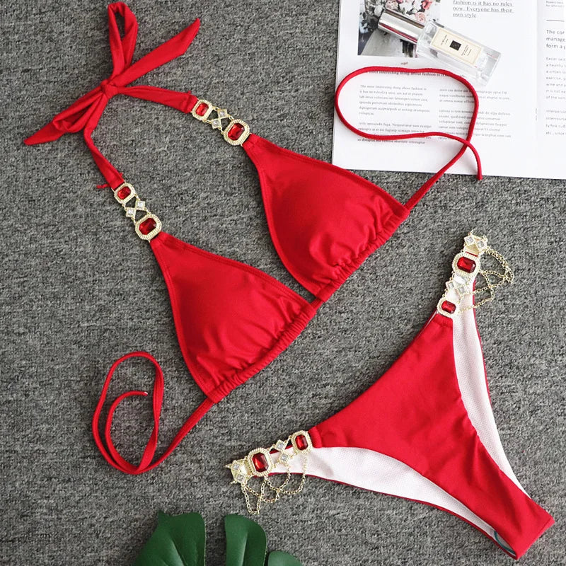 Halter Metal Chains Rhinestone Diamond Bikini Women Swimsuit Female Swimwear Two Pieces Bikini set Brazilian Bathing Suit Swim