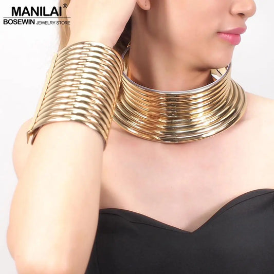 MANILAI Oversized Indian Jewelry Set Women Vintage Leather Necklaces Bracelets Sets Bijoux Africain Statement Choker Gold Color
