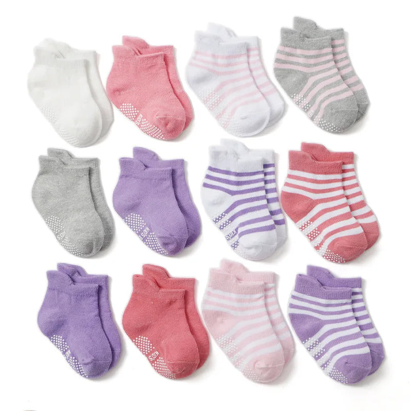 12 Pairs/Lot Cotton Baby 's Floor Socks Boys Girls Non-slip Boat Low Cut Sock with Rubber Grips 1-5Years