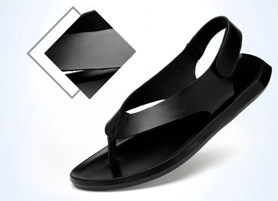 EOFK Summer Men Genuine Leather Sandals New Design Fashion Casual Black Slip on Sandals Leather Flip Flops Man Men's Flat Rubber