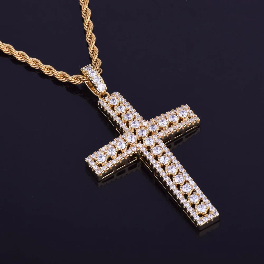 Bubble Letter Cross Necklace Pendant Gold Color Copper Material Bling Zircon Men Women Hip Hop Jewelry