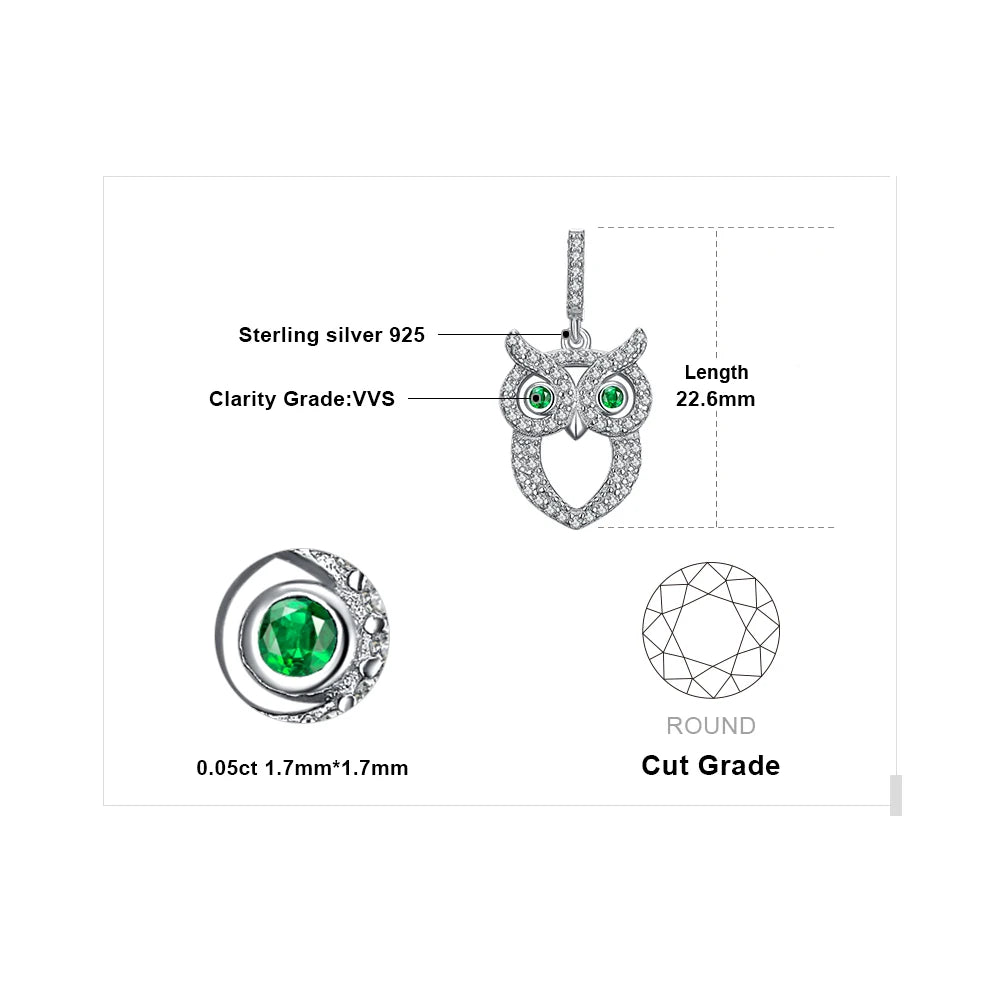 JewelryPalace Owl Simulated Nano Emerald 925 Sterling Silver Pendant Necklace for Woman Gemstone Fine Jewelry Without Chain