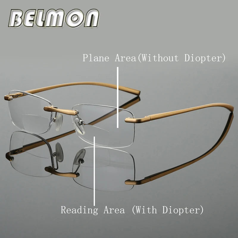 Bifocal Reading Glasses Men Women Rimless Aluminum-magnesium Frame Diopter Presbyopic Eyeglasses +1.0+1.5+2.0+2.5+3.0+3.5 RS341