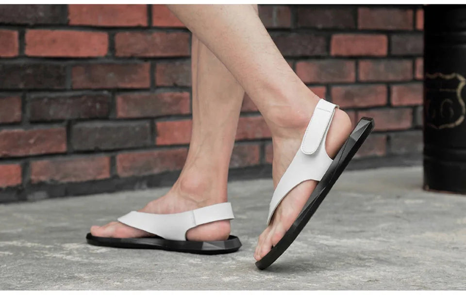 EOFK Summer Men Genuine Leather Sandals New Design Fashion Casual Black Slip on Sandals Leather Flip Flops Man Men's Flat Rubber
