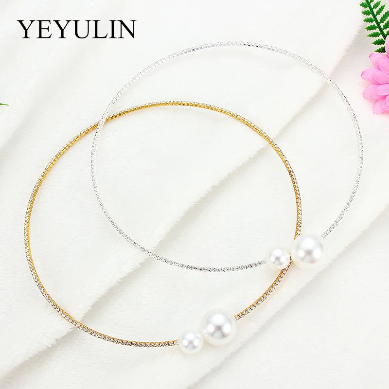 2PCS/Set European Simulated Pearl Chokers  Necklace Bangle Adjustable Jewelry Set For Women Bridal Wedding Party Accessories