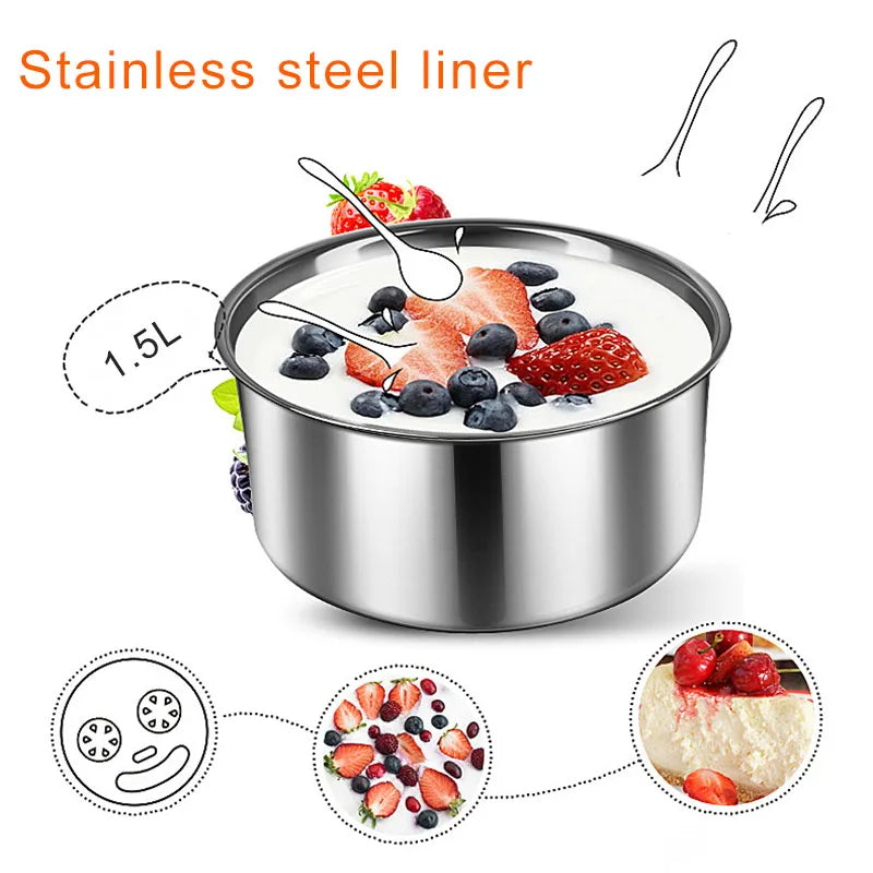 Kbxstart Automatic Yogurt Maker Machine 1.5L Natto Rice Wine Maker DIY Tool Stainless Steel Inner Yoghurt Beker 220V
