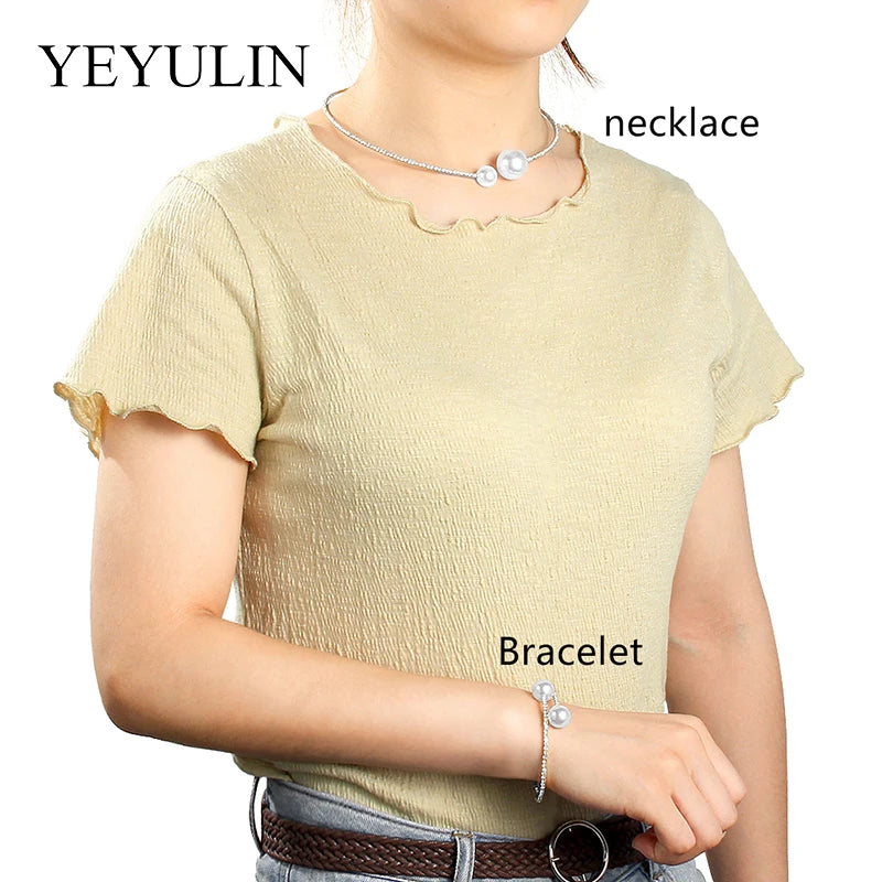 2PCS/Set European Simulated Pearl Chokers  Necklace Bangle Adjustable Jewelry Set For Women Bridal Wedding Party Accessories