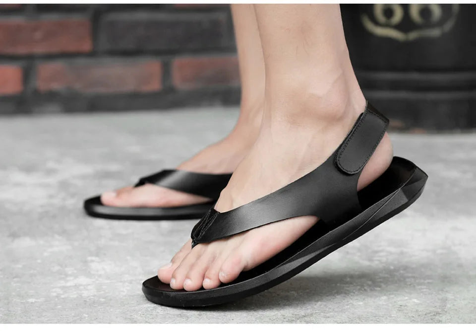 EOFK Summer Men Genuine Leather Sandals New Design Fashion Casual Black Slip on Sandals Leather Flip Flops Man Men's Flat Rubber