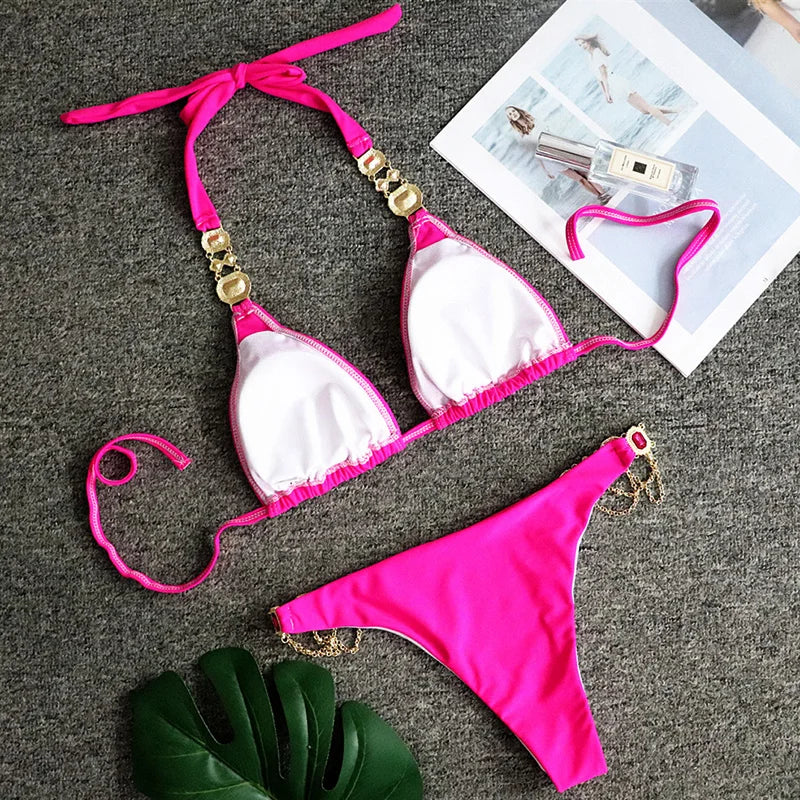 Halter Metal Chains Rhinestone Diamond Bikini Women Swimsuit Female Swimwear Two Pieces Bikini set Brazilian Bathing Suit Swim