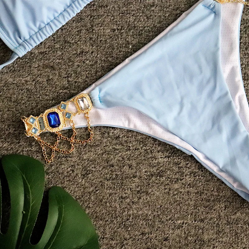 Halter Metal Chains Rhinestone Diamond Bikini Women Swimsuit Female Swimwear Two Pieces Bikini set Brazilian Bathing Suit Swim