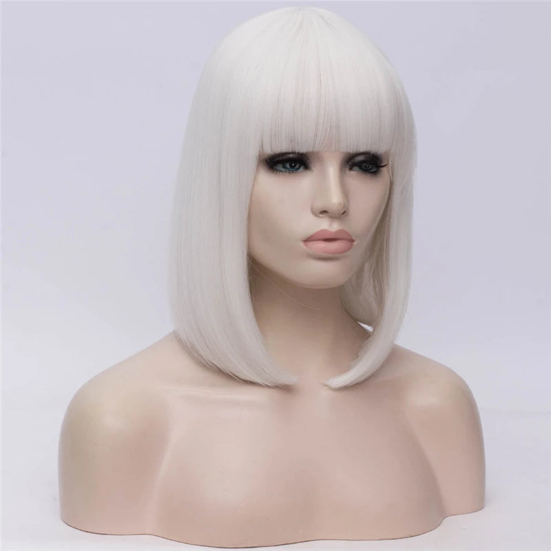 MSIWIGS Women Synthetic Straight Short Bob Wigs With Bangs Blue Golden Red Black White Purple Green Brown Cosplay Wig Female