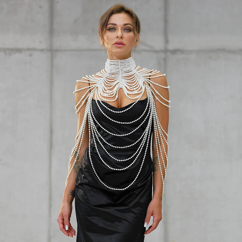 Sexy Pearl Body Chain For Women Necklaces Shawl Female Punk Style Beaded Collar Shoulder Sweater  Long Chain Bridal Body Jewelry