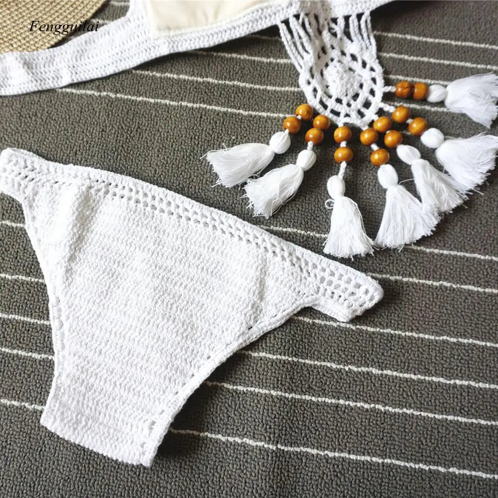Bikini 2024 Knitting Swimsuit Crochet Bohemia Style Off Shoulder High Neck Bathing Beach Handmade Crochet