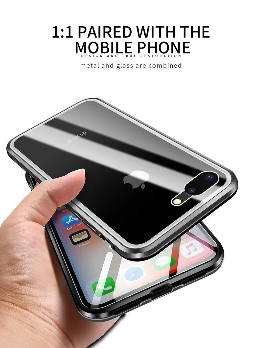 Magnetic Adsorption Case Metal Frame Tempered Glass Back with Built-in Magnet Cover For iPhone 7/8 Plus/iPhone SE 2020 2022