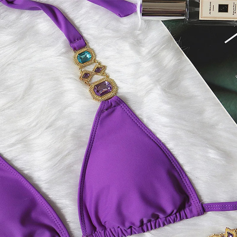 Halter Metal Chains Rhinestone Diamond Bikini Women Swimsuit Female Swimwear Two Pieces Bikini set Brazilian Bathing Suit Swim