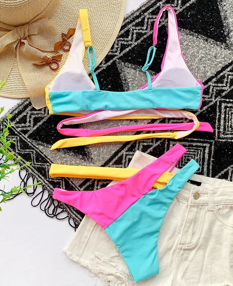 Sexy Splicing Cross Bandage Thong Bikini Female Swimsuit Women Swimwear Two Pieces Bikini Set Bathing Suit Swim Beach Wear Lady
