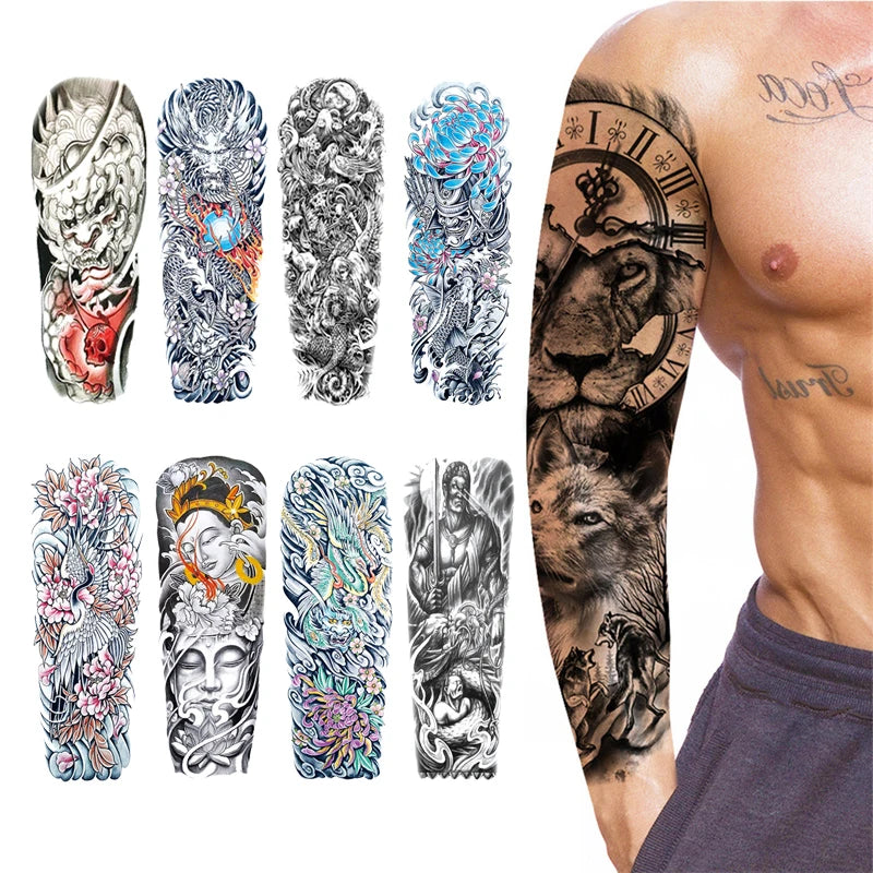 Large Arm Sleeve Tattoo Rose Gear Clock Eye Waterproof Temporary Tatto Sticker Lion Wolf King Body Art Full Fake Tatoo Women Men