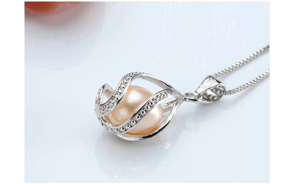 100% Natural Freshwater Pearl Cage Pendant for Women 925 sterling Silver White Pearl Pendant Necklace Jewelry with 45 Chain