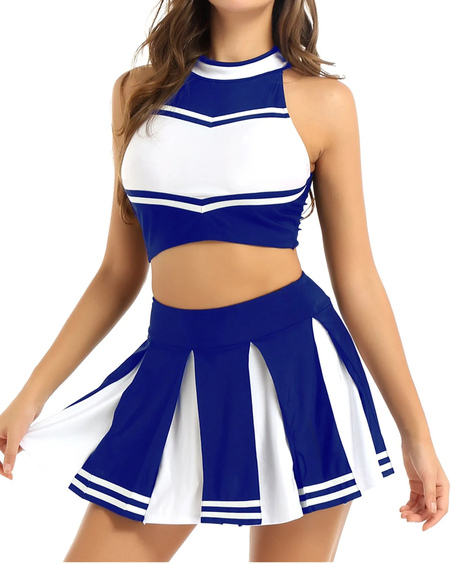 Women Cheerleading Cheerleader Costume Uniform School Girls Carnival Cosplay Outfits Stand Collar Crop Top with Mini Skirt