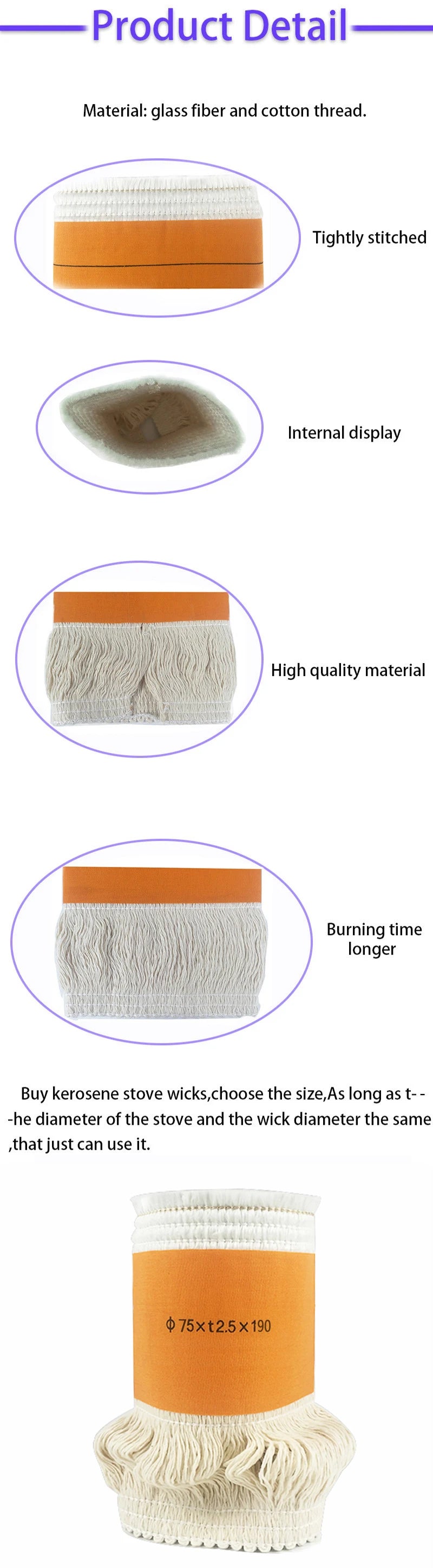 Various Models  65 75 85 95 120 mm Kerosene Stove Wicks High Quality Glass Fiber + 100%Cotton Heaters Wick Free Shipping