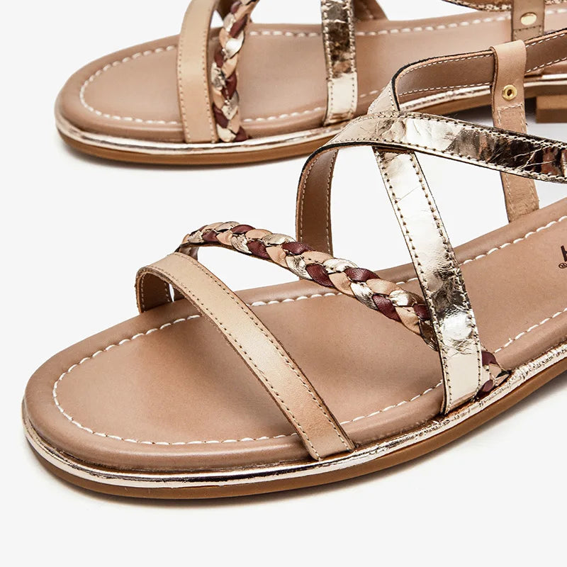 BeauToday Gladiator Sandals Women Genuine Cow Leather Twist Band Designer Flats Slingback Summer Female Flat Heel Shoes 32303