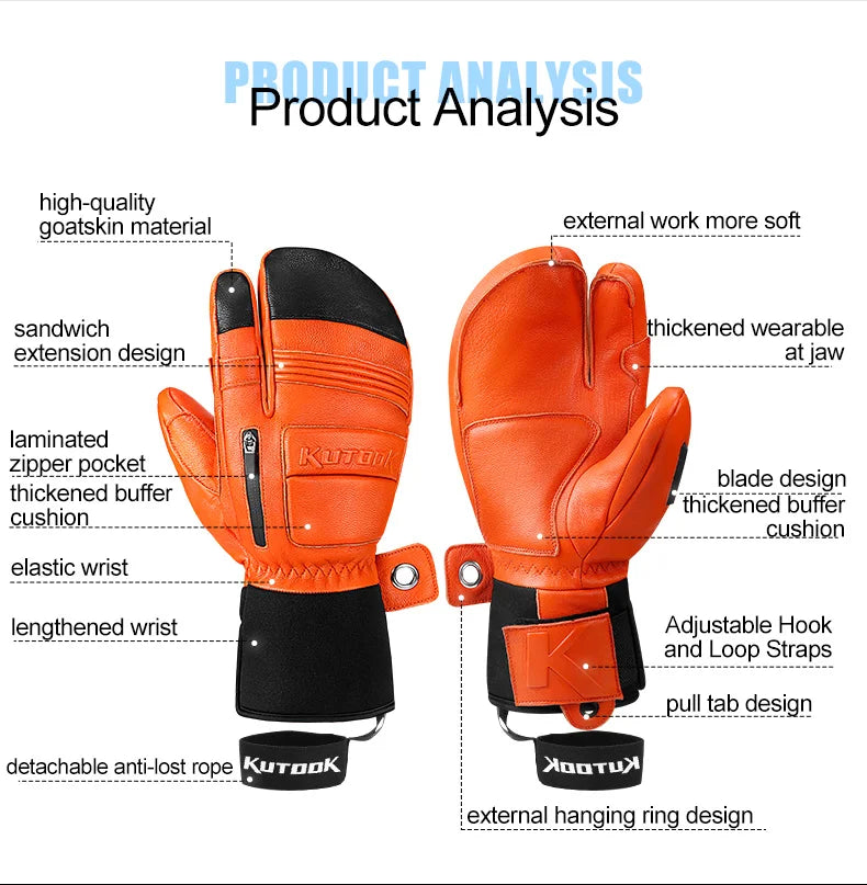 KUTOOK Goatskin Leather Ski Gloves Mittens Waterproof Thicken Winter Snow Snowboard Gloves Thermal Warm Skiing Gloves for Men