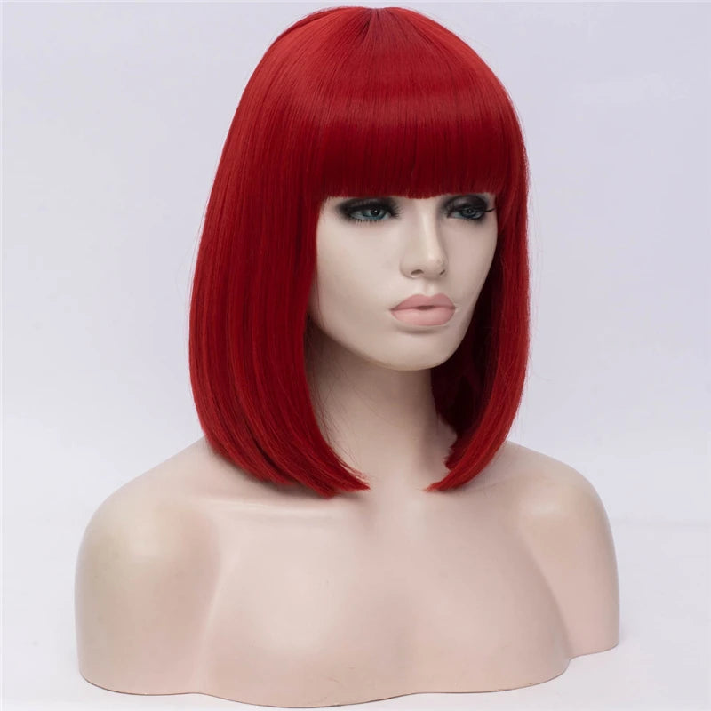 MSIWIGS Women Synthetic Straight Short Bob Wigs With Bangs Blue Golden Red Black White Purple Green Brown Cosplay Wig Female