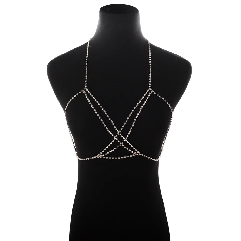 Bohemian Beach Sexy Chest Chains For Women Crystal Cross Chest Chain Shining Bling Bra Body Choker Necklace Jewelry Gift