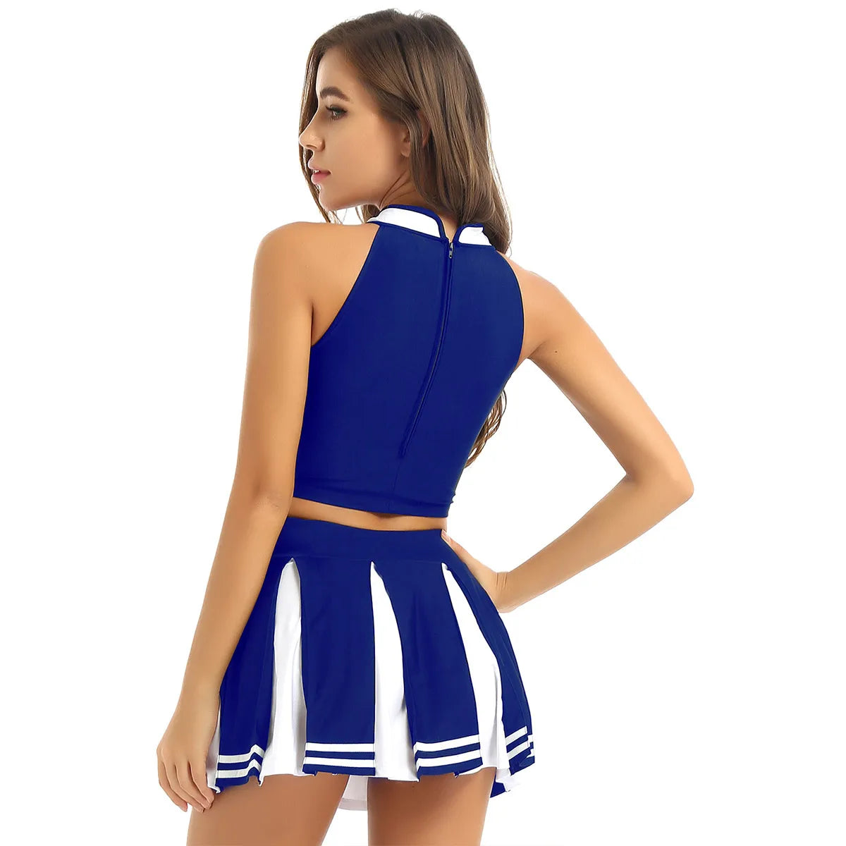 Women Cheerleading Cheerleader Costume Uniform School Girls Carnival Cosplay Outfits Stand Collar Crop Top with Mini Skirt