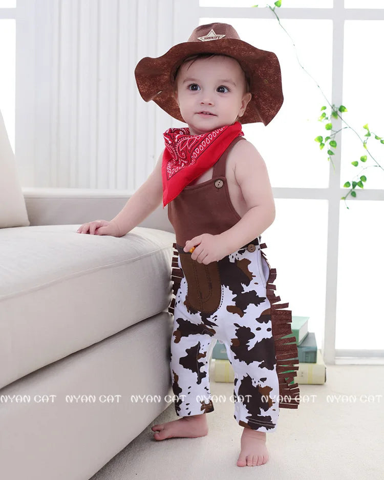 New fashion Baby boy romper costume infant toddler cowboy clothing set hat+scarf+romper halloween purim event birthday outfits