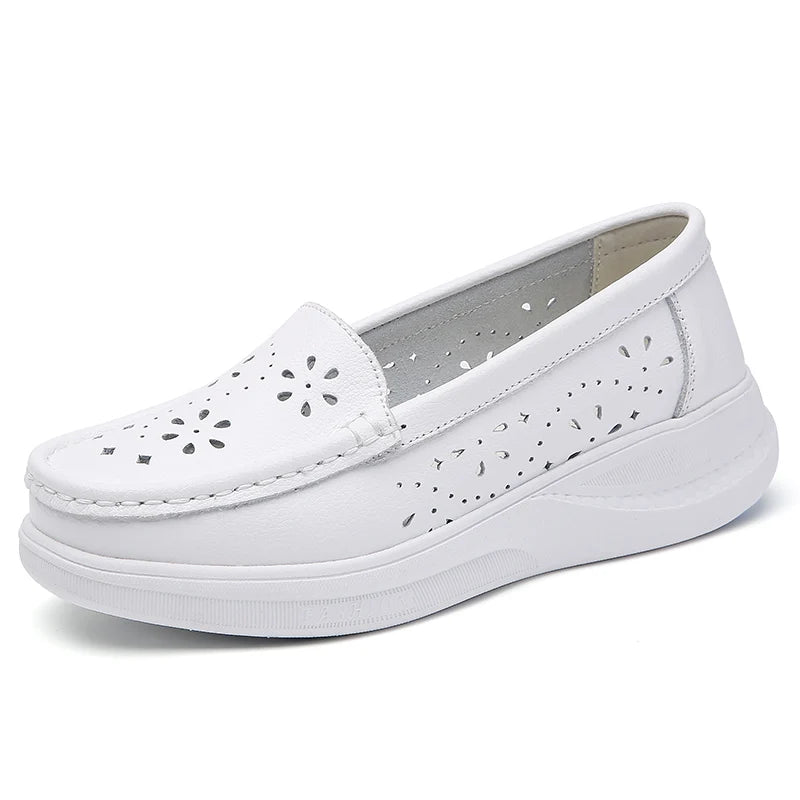 Summer Air Sole Comfortable Slip on Breathable Platform Loafer Casual White Genuine Leather Females Work Nurses Shoes