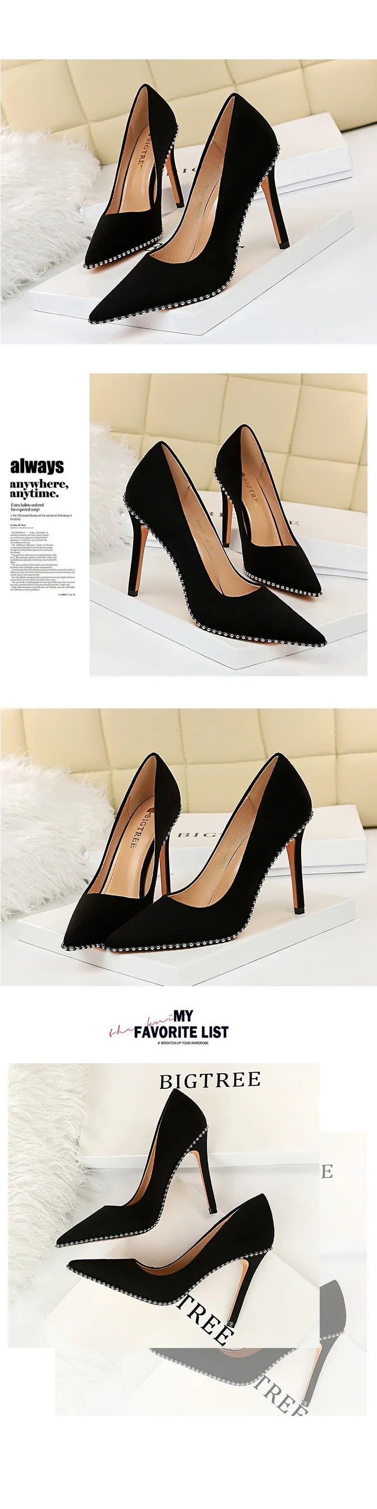 BIGTREE Shoes Black Heels Metal Beads Woman Pumps Suede High Heels Stiletto Wedding Shoes Women Heels Female Plus Size 41 42 43