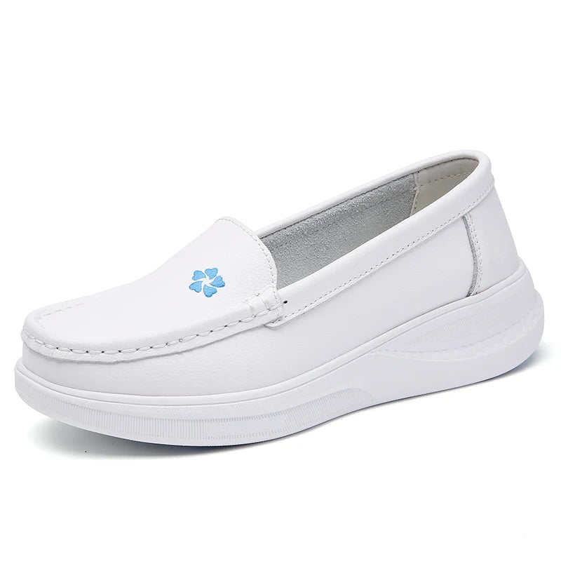 Summer Air Sole Comfortable Slip on Breathable Platform Loafer Casual White Genuine Leather Females Work Nurses Shoes