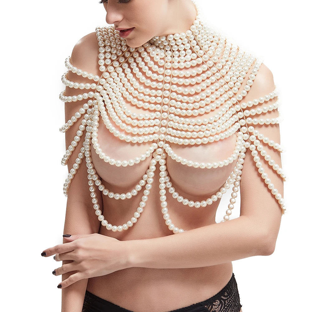 Sexy Pearl Body Chain For Women Necklaces Shawl Female Punk Style Beaded Collar Shoulder Sweater  Long Chain Bridal Body Jewelry