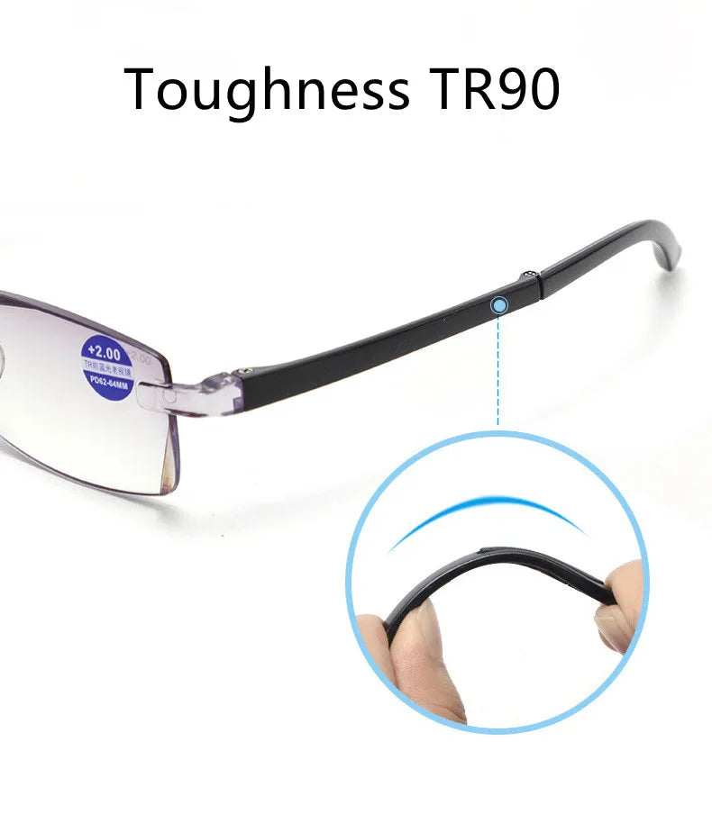 Smart zoom glasses folding diamond cut edge anti-blue reading glasses male frameless TR90 reading glasses portable box