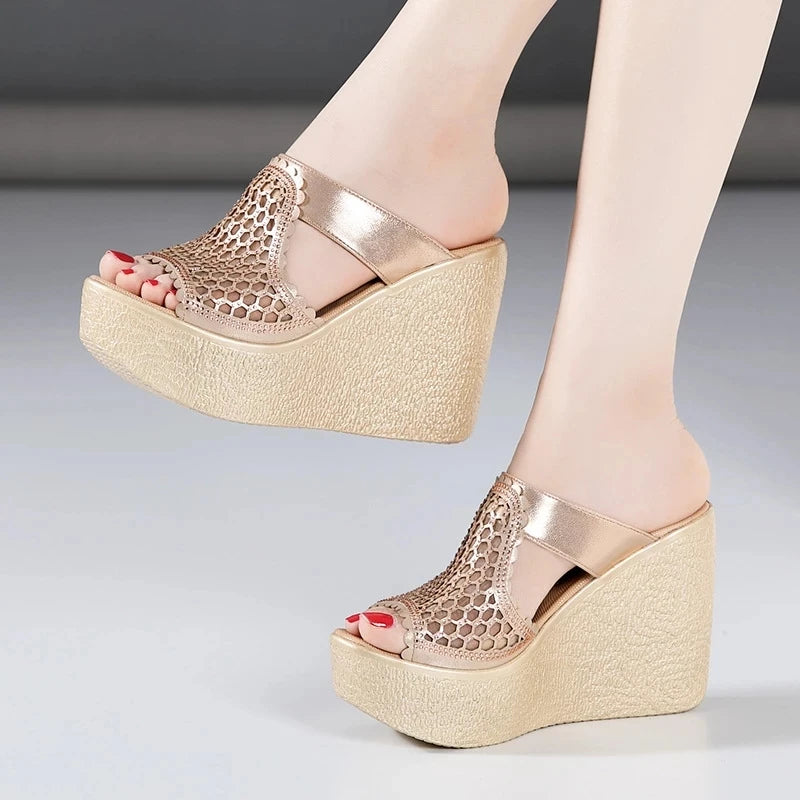 YAERNI High Heel Sandals For Women Summer Peep Toe Lace Mesh Wedge Heels Sandal Women Shoes