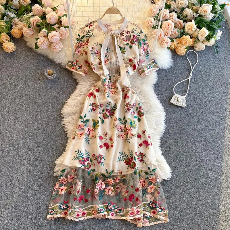 Guilantu Mesh Embroidery Floral Office Dress Women Summer Short Sleeve Tulle Vintgae Dress Elegant Sexy Club Party Dresses