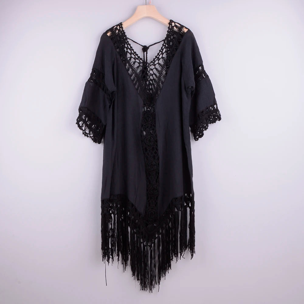 CROCHET BIKINI Knitted Beach Cover Up Women Bikini Swimsuit Hollow Out Dress Tassel Tunics Bathing Suits Cover-Ups Beachwear